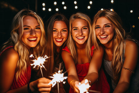 A group of friends celebrating a night out with sparklers. New years eve celebrationの素材