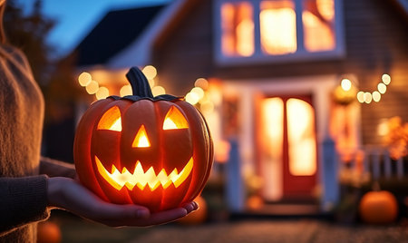 A person holding a glowing pumpkin with scary carved face outside a houseの素材