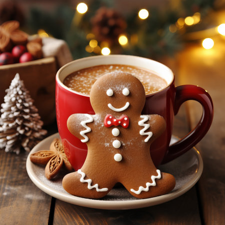 A warm mug of hot chocolate with a gingerbread man. Winter drink with bokeh festive lightsの素材
