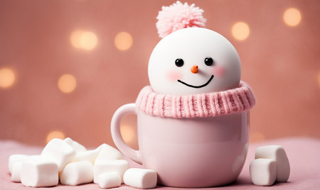 A warm cozy mug of hot chocolate with a snowman marshmallow. Winter drinkの素材