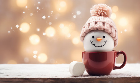 A warm cozy mug of hot chocolate with a snowman marshmallow. Winter drinkの素材