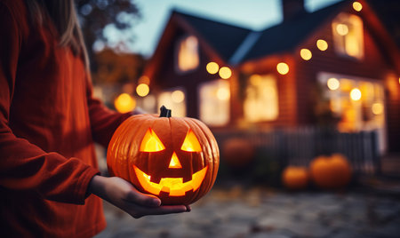 A person holding a glowing pumpkin with scary carved face outside a houseの素材