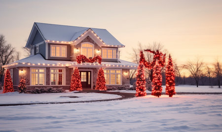 A house covered with christmas lights and festive decorations for the holiday seasonの素材