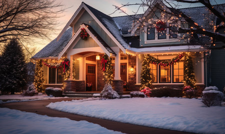 A house covered with christmas lights and festive decorations for the holiday seasonの素材