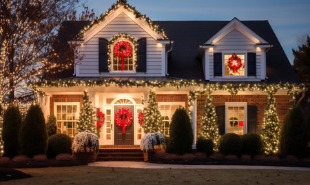 A house covered with christmas lights and festive decorations for the holiday seasonの素材