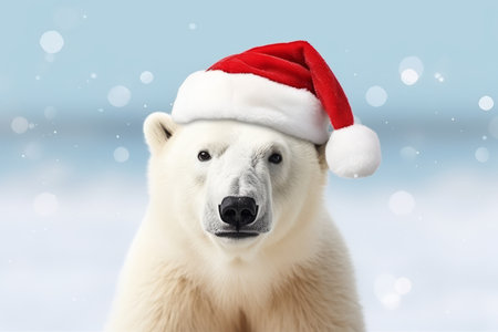A winter polar bear wearing a father christmas festive hat. Cute holiday season animalの素材