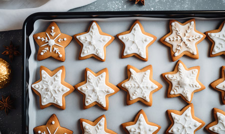 Overhead view of christmas star shaped cookies being prepared in a festive kitchenの素材