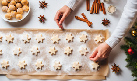 Overhead view of christmas star shaped cookies being prepared in a festive kitchenの素材