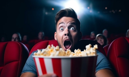 Portrait of a person with a shocked or scared expression watching a film in a cinemaの素材