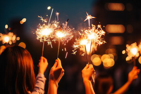 Hands holding a bright festive sparkler for Christmas or New Years Eve eventの素材