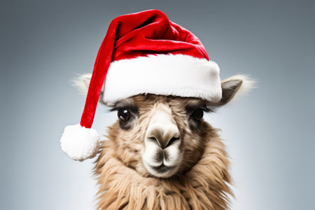 A portrait of a festive llama wearing a Christmas santa hatの素材