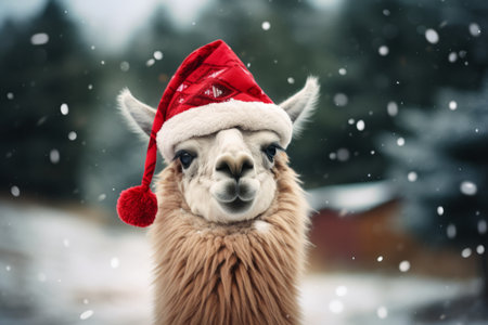 A portrait of a festive llama wearing a Christmas santa hatの素材