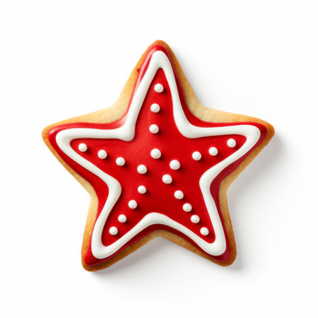 Christmas star gingerbread festive cookie isolated on a plain white backgroundの素材