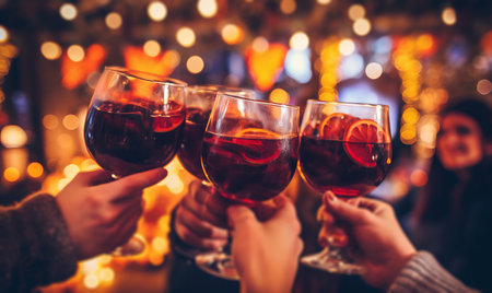 Close up of friends toasting with glasses of warm mulled wine at a festive Christmas marketの素材