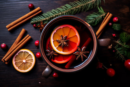 Overhead view of a mug of warm festive mulled wine with spicesの素材