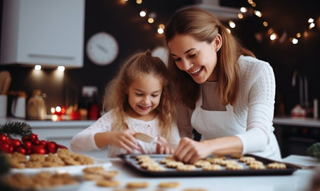 A mother and daughter baking festive christmas cookies together at home during the holidaysの素材
