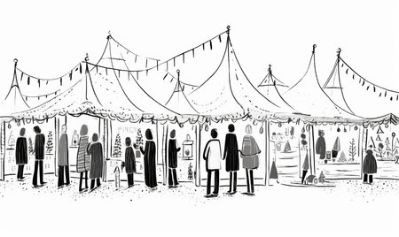 Christmas market black and white simple line art sketchの素材