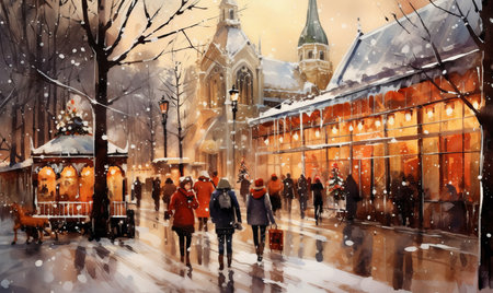 Christmas market vintage watercolor sceneの素材