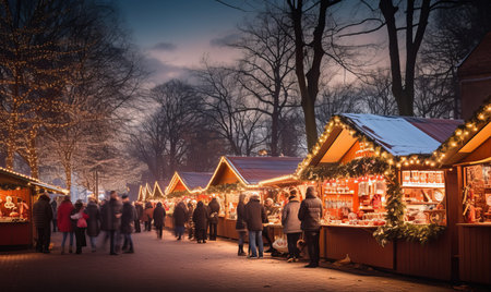 People enjoying a traditional Christmas market with wooden stalls and glowing lightsの素材