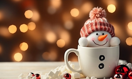 A warm cozy mug of hot chocolate with a snowman marshmallow. Winter drinkの素材
