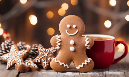 A warm mug of hot chocolate with a gingerbread man. Winter drink with bokeh festive lightsの素材