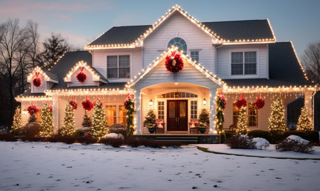 A house covered with christmas lights and festive decorations for the holiday seasonの素材