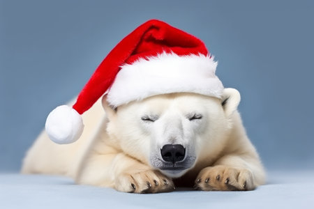 A winter polar bear wearing a father christmas festive hat. Cute holiday season animalの素材
