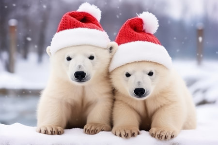 A winter polar bear wearing a father christmas festive hat. Cute holiday season animalの素材