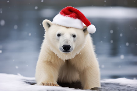 A winter polar bear wearing a father christmas festive hat. Cute holiday season animalの素材