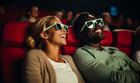 A happy couple on a date in a cinema watching a movieの素材