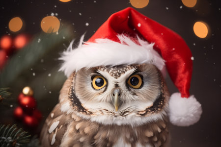 Cute little festive owl wearing a Father Christmas santa hatの素材