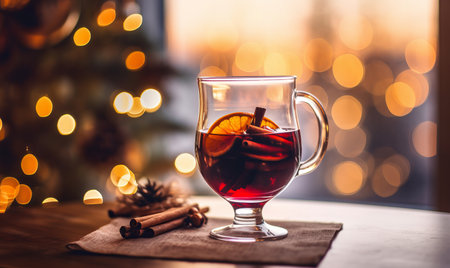 A glass of festive spiced mulled wine against a winter background sceneの素材