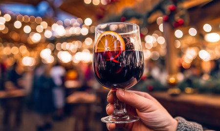 A person holding a warm glass of mulled wine at a festive Christmas marketの素材