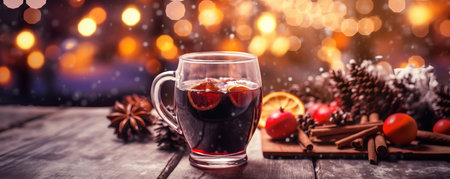A glass of festive spiced mulled wine against a winter background sceneの素材