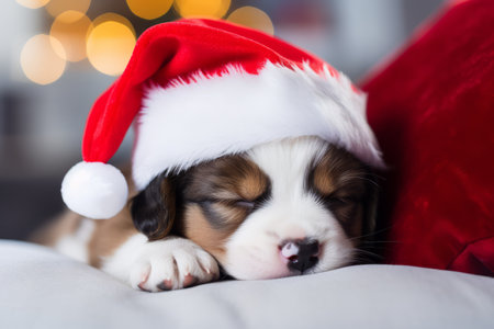 Cute little festive puppy dog wearing a Father Christmas santa hatの素材