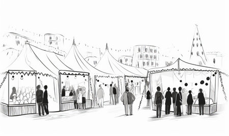 Christmas market black and white simple line art sketchの素材