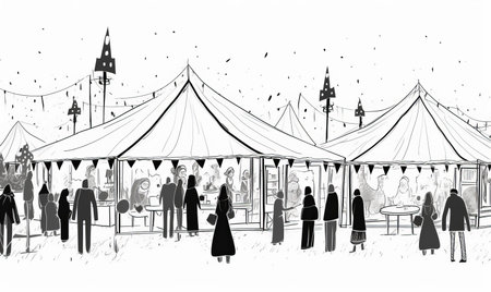 Christmas market black and white simple line art sketchの素材