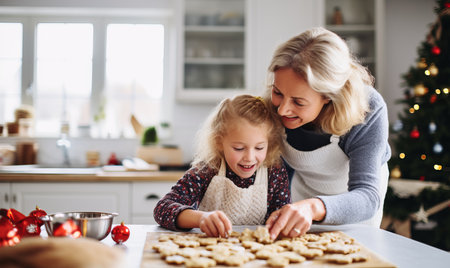 A mother and daughter baking festive christmas cookies together at home during the holidaysの素材