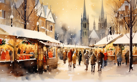 Christmas market vintage watercolor sceneの素材