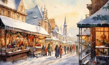 Christmas market vintage watercolor sceneの素材