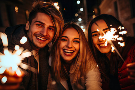 A group of friends celebrating a night out with sparklers. New years eve celebrationの素材