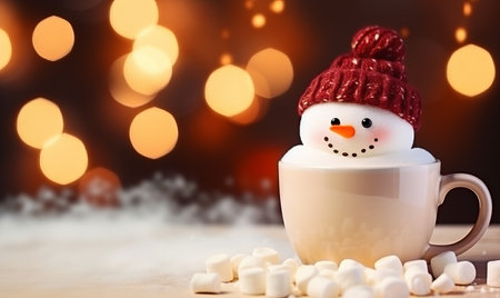 A warm cozy mug of hot chocolate with a snowman marshmallow. Winter drinkの素材