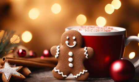 A warm mug of hot chocolate with a gingerbread man. Winter drink with bokeh festive lightsの素材