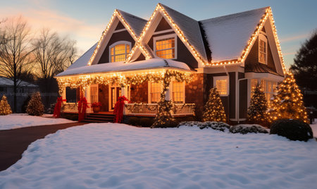 A house covered with christmas lights and festive decorations for the holiday seasonの素材