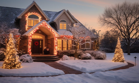 A house covered with christmas lights and festive decorations for the holiday seasonの素材