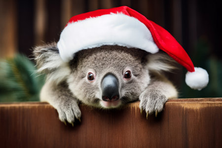 A koala wearing a father christmas festive hat. Cute holiday season animalの素材