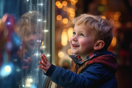 A young excited child looking into the window of a shop decorated for Christmas and the holidaysの素材