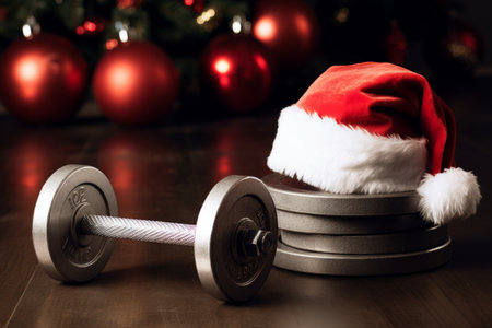 Father Christmas hat on a gym dumbbell weight. New year resolution and healthy lifestyleの素材