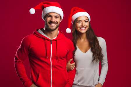 A sporty couple wearing father christmas santa hat. New years resolution. Holiday healthy lifestyleの素材