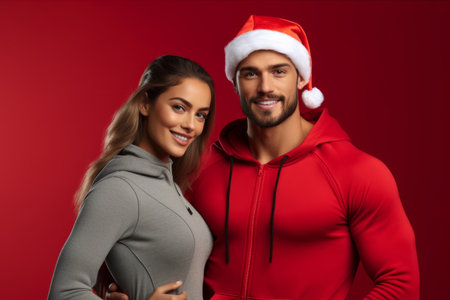 A sporty couple wearing father christmas santa hat. New years resolution. Holiday healthy lifestyleの素材